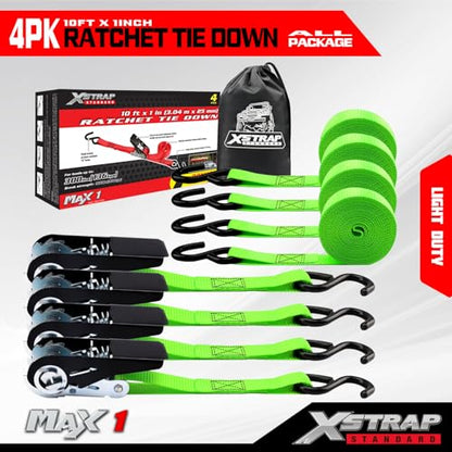 XSTRAP STANDARD Ratchet Tie Down Straps 4 Pk 10 Ft- 300 Lbs Load Cap- 900 Lbs Break Strength-Cargo Straps for UTV, ATV, Pickup,Truck, Moving Appliances, Lawn Equipment, Neon Green - color: Green, size: 4pk 1inchx10ft