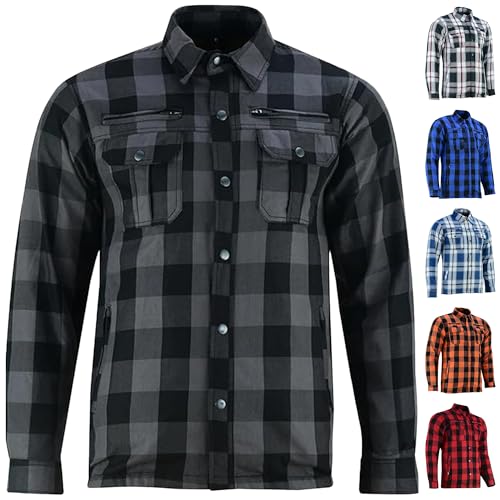 Daniel Smart Men's Motorcycle Shirt Plaid Biker Flannel Jacket Removable Sporty Armored, Zipper Closure & Water Resistant - color: Gray, size: X-Large
