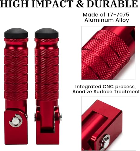 XINGWU M8 Motorcycle Foot Pegs 90 Degree Foldable Footpegs CNC Anti-Skid Footrest Universal for Yamaha Honda Suzuki Aprilia Electric Car Motorbike Mini Bike Dirt Pit Bike Passenger Pedal (Red) - color: Red