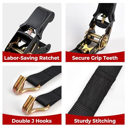 4 Packs Ratchet Straps Heavy Duty, 1" x 20' Ratchet Tie Down Straps with Double J Hooks | 2200lbs Break Strength for Moving, Securing Motorcycle, ATV, Kayak on Trailer, Truck Bed, Car Roof Rack - size: 4Pack 1“ * 20’
