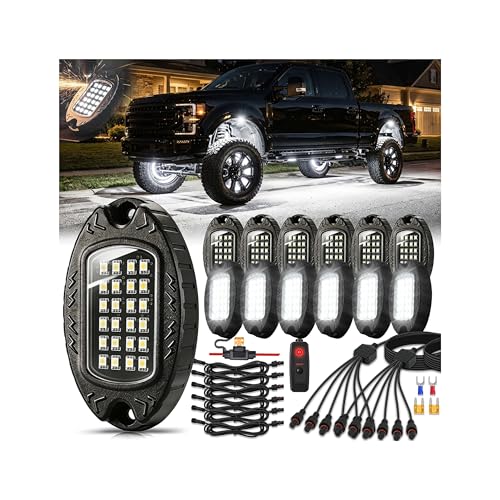 12Pods Metal Pure White LED Rock Lights Kit 6500K for Truck Pickup Offroad | Aluminum Housing, Plug-and-Play & Pre Wired, Switch Wiring Harness Extension Fuse, 288Chips Waterproof 12V, Pure Copper Wire - color: Pure White 24LEDs, size: 12Pods