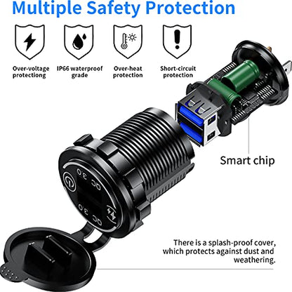KEWIG Quick Charge 3.0 Dual USB Charger Socket Waterproof 36W 12V 24V USB Outlet Fast Charge with Touch Switch & Blue LED DIY Kit for Car Boat Marine ATV Bus Truck Golf Cart and More
