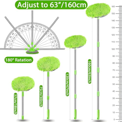 WillingHeart 63" Car Wash Mop Brush Tool Mitt with Long Handle Length More Suitable for Washing Cars Truck, SUV, RV, Trailer, 2 in 1 Chenille Microfiber Duster Not Hurt Paint Scratch Free, Green - color: Green
