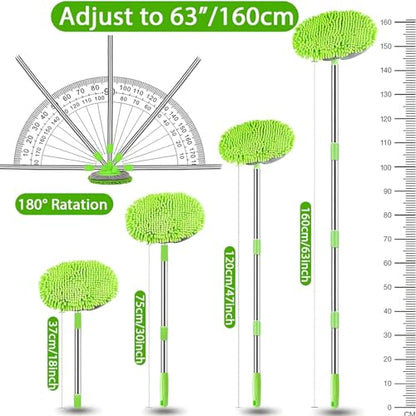 WillingHeart 63" Car Wash Mop Brush Tool Mitt with Long Handle Length More Suitable for Washing Cars Truck, SUV, RV, Trailer, 2 in 1 Chenille Microfiber Duster Not Hurt Paint Scratch Free, Green - color: Green