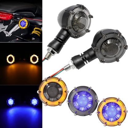 4Pcs Universal 10mm Motorcycle Turn Signal 3-Wires 18LED Blue/Amber Sequential Flowing Indicators with DRL Switchback Glow Fits Harley/Honda/Kawasaki, Street/Cruiser/Dirt Bike