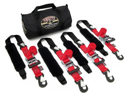 PowerTye 2in x 7ft Premium Trailer Kit with Big Daddy Ratchet Tie-Downs, Secure Hooks, Soft-Tye, & Storage Bag - Made in USA - 1,500 lb. WLL / 4,500 lb. Breaking Strength - Red (Pair) - color: Red Strap/Black Soft-Tye