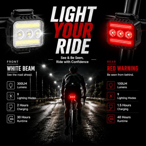 Bright Bike Lights Set for Night Riding, 9+9 Modes Rechargeable eBike Lights Front and Back, Waterproof Bicycle Lights, Bike Headlight and Tail Light Set for MTB, Off-Road & City Riding