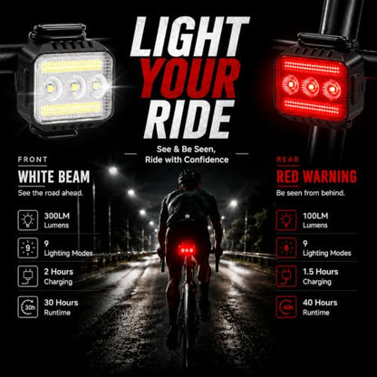 Bright Bike Lights Set for Night Riding, 9+9 Modes Rechargeable eBike Lights Front and Back, Waterproof Bicycle Lights, Bike Headlight and Tail Light Set for MTB, Off-Road & City Riding