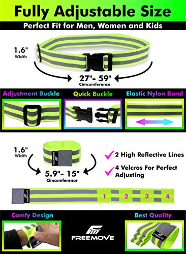 FREEMOVE Reflective SASH with 2 Bands - or - Reflective Runners Waist Belt with 4 Arm Bands > Easy to Put On/Off Reflective Gear for Guaranteed Visibility & Safety for Dog Walking, Running, Cycling - color: Yellow BELT and BANDS