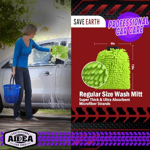 AIDEA Car Wash Mitt Microfiber, 2PK-Scratch-Free& Lint-Free, Premium Chenille Microfiber Wash Mitt-Green Extra Large Size (8''X12'') - color: Green, size: 2PK-8''X12''
