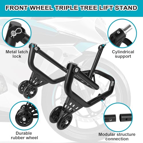 Motorcycle Front Wheel Triple Tree Lift Stand,500Lbs Capacity,Series of pins: 1.06", 0.95", 0.79", 0.7", 0.59", Φ1.5" tube, For Yamaha, Suzuki, Ducati, BMW