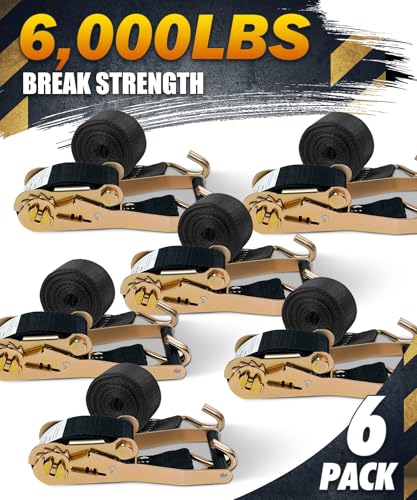 2 Inch Ratchet Straps 6 Pack, 15ft Heavy Duty Tie Down Straps with J Hooks, 6000 LBS Break Strength, 2000 LBS Working Load, Cargo Ratchet Straps for Truck Trailer ATV Motorcycle - color: Black