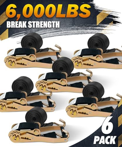 2 Inch Ratchet Straps 6 Pack, 15ft Heavy Duty Tie Down Straps with J Hooks, 6000 LBS Break Strength, 2000 LBS Working Load, Cargo Ratchet Straps for Truck Trailer ATV Motorcycle - color: Black