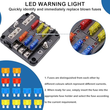6 Way 12V fuse box waterproof fuse box holder with LED indicator 6 way fuse block with 12V blade 6 circuit for Automotive Truck Boat Marine RV Van Vehicle