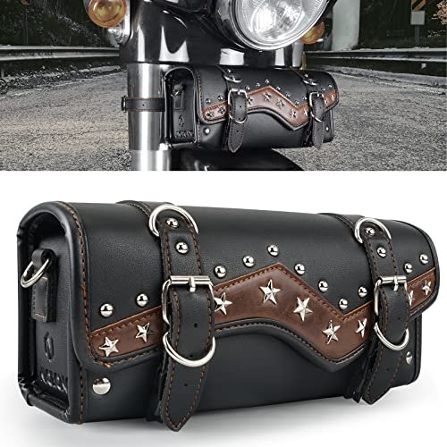 NICECNC Motorcycle Fork Bag Handlebar Bag, Star Rivet Rock Style Vintage PU Leather Classic Cowhide Lines, Universal Motorcycle Tool Storage Bag Sissy Bar Side Tail Frame Bag, Cowhide Texture-Brown - color: Brown-Calfskin Pattern-Star Rivet Style