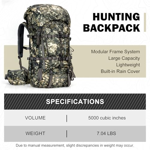 MOXULE Pro 5000 Camo Frame Backpack - Meat Hauler Pack with Rain Cover for Outdoor - color: Camo 80l
