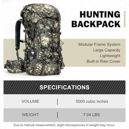 MOXULE Pro 5000 Camo Frame Backpack - Meat Hauler Pack with Rain Cover for Outdoor - color: Camo 80l