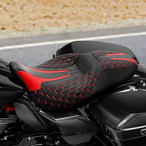C.C. RIDER Gel 2 Up Rider Driver&Passenger Seat Fit for Harley Touring Road King Street Glide Electra Glide Tri 2009-2023 - color: Black Red Gel Seat