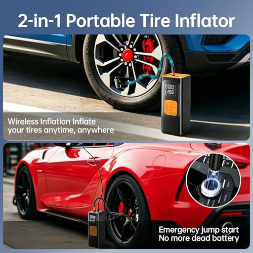 Portable Air Compressor, 150 PSI Air Pump for Car Tires with Power Bank, 12V DC Car Plug, Fast Inflation 25L/Min,Auto Shut-Off and Digital Display for Cars, Motorcycles, Bicycles, Balls
