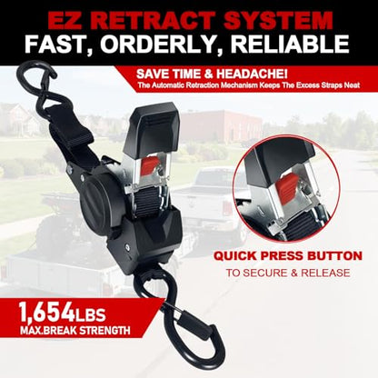 Retractable Ratchet Straps 2" x 10', Heavy Duty Auto Retract Tie Down Straps for Trailer, Motorcycle, ATV - 1654LBS Break Strength, 2 Pack