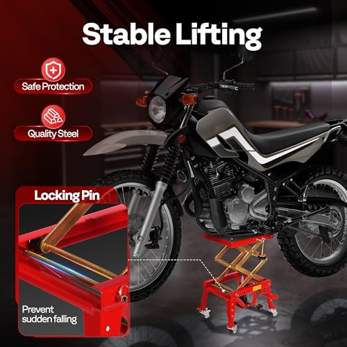 VIVOHOME 350 Lbs Heavy Duty Hydraulic Motorcycle Lift Jack, ATV Dirt Bike Foot Operated Scissor Stand Table with 4 Wheels and Removable Stopper, Red - color: Red