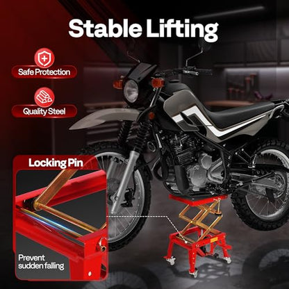 VIVOHOME 350 Lbs Heavy Duty Hydraulic Motorcycle Lift Jack, ATV Dirt Bike Foot Operated Scissor Stand Table with 4 Wheels and Removable Stopper, Red - color: Red