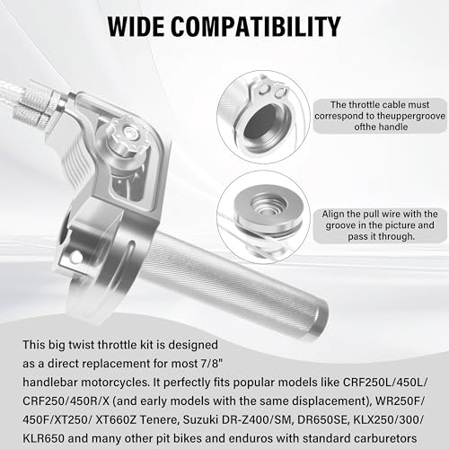Universal 7/8" Big Twist Throttle Assembly, Dual Push-Pull Cable with Transparent Window for 110-650cc Dirt Pit Bike, Motocross, ATV & Quad, CNC Aluminum Quick Twister Throttle Grip (Silver) - color: Silver