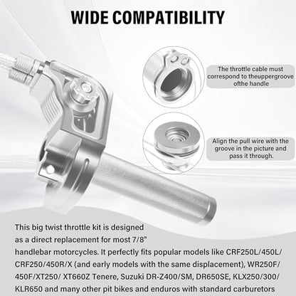 Universal 7/8" Big Twist Throttle Assembly, Dual Push-Pull Cable with Transparent Window for 110-650cc Dirt Pit Bike, Motocross, ATV & Quad, CNC Aluminum Quick Twister Throttle Grip (Silver) - color: Silver
