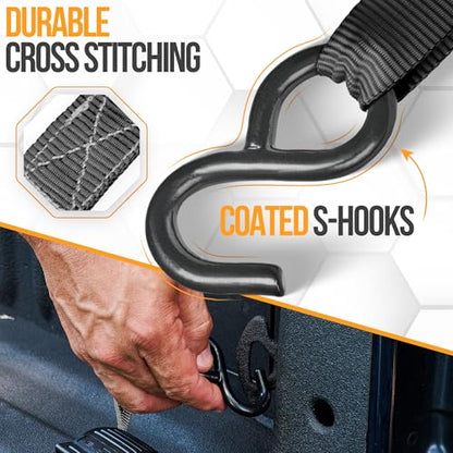 FORTEM Ratchet Straps, Tie Down Strap Set 1650lb Break Strength, 4 Pack 15ft x 1in, 4 Soft Loops, Moving Straps Tie Downs, Cargo Cam Buckles for Trucks, Carry Bag, for Men - color: Black