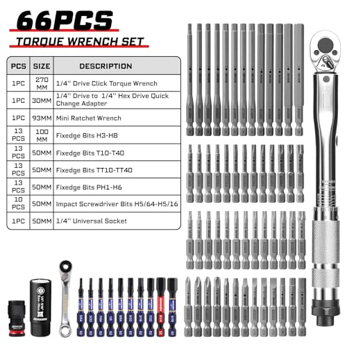 GEINXURN 66Pcs 1/4 In. Drive Click Torque Wrench Set, 35-200In.Lb 72-Tooth Ratchet Wrench Bike Maintenance Kit, Universal Socket, Screwdriver Bits for Bicycle, Car, Moto - style: GX-TW0104FS66-US
