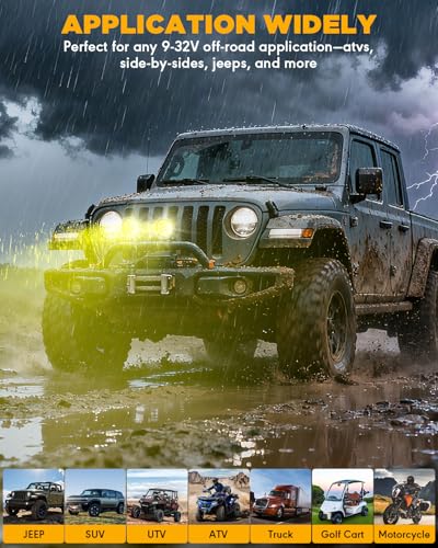 Auxbeam 4 Inch Amber Round LED Driving Light, 2PCS 90W 9000LM Yellow Fog Pods Light Bar Off-Road Flood Work Energy-Efficient Lights with DT Plug Wiring Harness Kit for Truck Jeep Pickup ATV UTV SUV - color: P4 Series-Amber Flood Beam