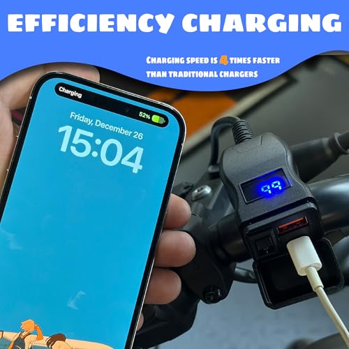 Motorcycle USB Charger QC 3.0 Phone Charger Dual USB Type C Voltmeter Switch Compatible with Phone Tablet Black