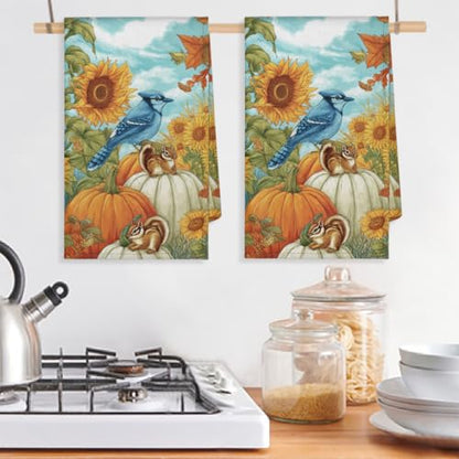 Sunflower Birds Kitchen Towels Set of 2 Autumn Pumpkin Squirrel Dish Towels Bar Absorbent Cleaning Tea Towel for Home Dining Restaurants - color: Sunflower Birds Autumn Pumpkin Squirrel