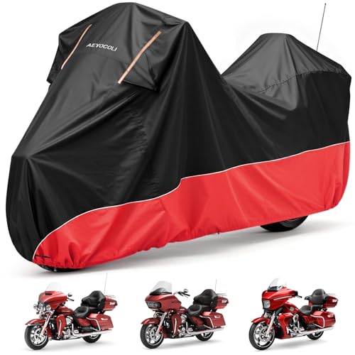 Waterproof Motorcycle Cover 420D Oxford Heavy Duty with Side Top Box Compatible with Harley Davidson Touring Ultra Limited Street Glide Road Glide Electra Glide (116" x 47" x 53") - color: Red