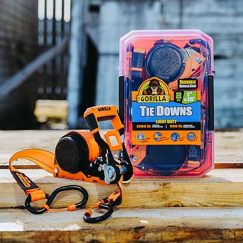 Gorilla Ratchet Tie Down Straps (2Pack) 1in x 16ft 1500lb Break Strength, Self-Locking Retractable, Heavy-Duty Orange Webbing, Gorilla-Grip Handles, Cap Locks, E-Coated Ratchets, Vinyl Hooks for Cargo - style: 1in x 16ft - 1,500lb Break (Pack of 2)