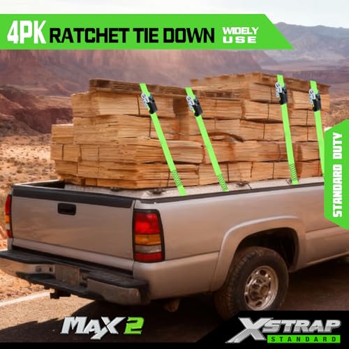 XSTRAP STANDARD 4 Pack 1" x 15Ft Ratchet Tie Down Straps - 500Lbs Load Cap, 1500Lb Break Strength, Heavy Duty Cargo Straps for Moving Appliances, Lawn Equipment & Motorcycle, Green - style: 4pk 1inchx15ft 1500lbs green