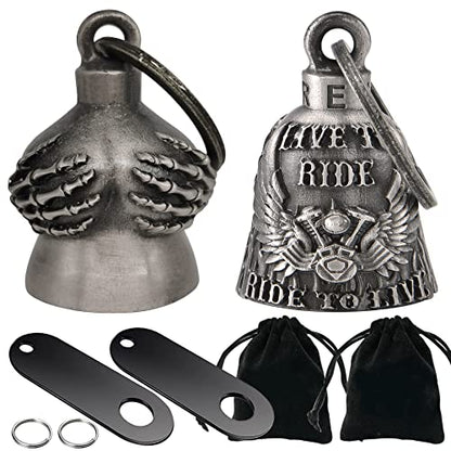 Dream Apparel 2 Pack Motorcycle Bells Guardian Angel for Biker Rider Men Women Ride Riding with Hangers, Drive Away Gremlins - color: Handful + Live to Ride & Ride to Live & Wings