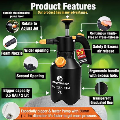 Premium 2L Handheld Pump Sprayer Adjustable Watering Nozzle Continuous Spray Bottle for Gardening and Household Cleaning – Heavy Duty Chemical Resistant