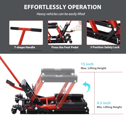 Hydraulic Motorcycle Lift Jack, 1500 LBS Capacity ATV Scissor Lift Jack with Wheels and Handle, Portable Motorcycle Lift Table Hydraulic Foot-Operated Hoist Stand for Motorcycle ATV UTV Powersports