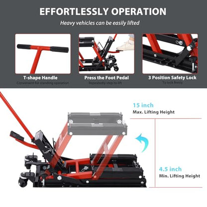 Hydraulic Motorcycle Lift Jack, 1500 LBS Capacity ATV Scissor Lift Jack with Wheels and Handle, Portable Motorcycle Lift Table Hydraulic Foot-Operated Hoist Stand for Motorcycle ATV UTV Powersports