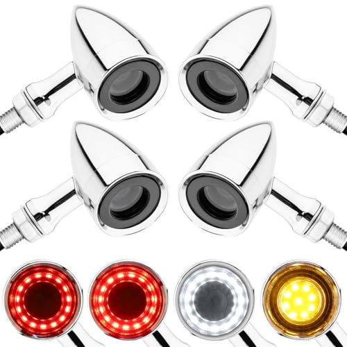 TSUNG Universal Motorcycle LED Turn Signals Lights Small Bullet Front Rear Blinkers Tail Lights for Cruiser Chopper Bobber Cafe Racer Street Bike (RING-Chrome, 4PCS Front+Rear) - color: RING-Chrome, size: 4PCS Front+Rear