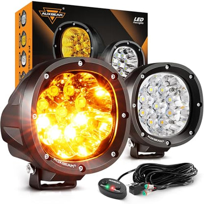 Auxbeam P4 Series Dual Color Round Strobe Light Pods 4-Inch 90W | Memory function flashing offroad lights, amber white 6-mode fog lights, automotive warning spot light bar - color: P4 Series Amber White 6 Modes Lights