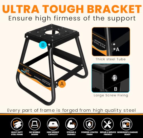 GRAND PITSTOP Heavy Duty Motorcycle Stand - Universal Dirt Bike Maintenance Stand, Powder Coated Steel, Non-Slip Off-Road MX Stand (Black)
