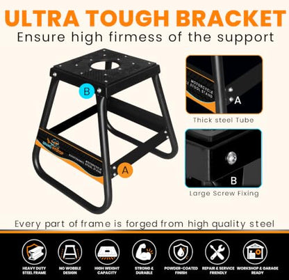 GRAND PITSTOP Heavy Duty Motorcycle Stand - Universal Dirt Bike Maintenance Stand, Powder Coated Steel, Non-Slip Off-Road MX Stand (Black)