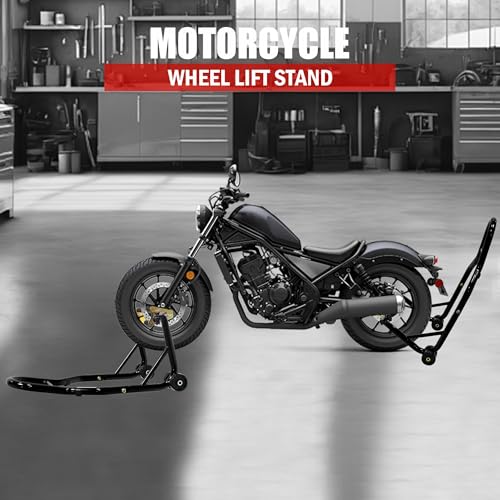 Motorcycle Front & Rear Wheel Lift Stand Combo, 440lbs per stand (880lbs Total) Steel Paddock Stands with Adjustable Fork & Swingarm Spool Heads