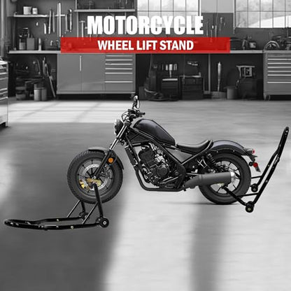 Motorcycle Front & Rear Wheel Lift Stand Combo, 440lbs per stand (880lbs Total) Steel Paddock Stands with Adjustable Fork & Swingarm Spool Heads