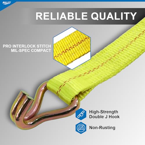 Bullitt Heavy Duty Ratchet Straps,2PCS 2"*27' Tie Down Straps-10,000lb Break Strength with J Hooks Iron Handles for Moving, Securing Motorcycles/Cargo/Car Roof/Household-Yellow