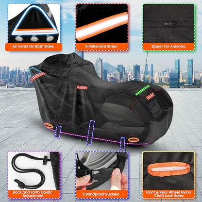 Motorcycle Cover with Side + Top Box, 420D Heavy Duty Nano-Coated, Touring Bike Cover, 5 Reflective Strips,Air Vents,3 Windproof Buckles,Antenna Zipper - color: Black, size: Side+Top Box(118"x44"x56")