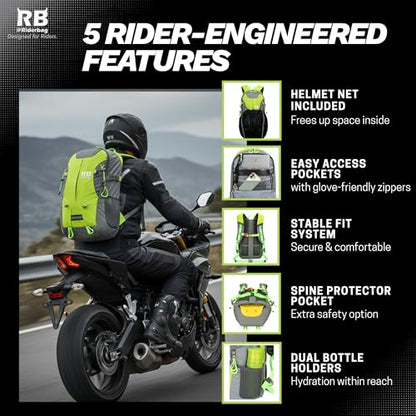 Reflective Motorcycle Backpack – Hi Viz EDC Commuter Bag for Riders, Night Travel, and Daily Use with Helmet Holder, Laptop Compartment, Ventilated Back, Urban Gear (green backpack) - color: Green