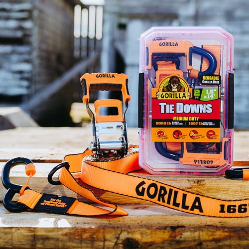 Gorilla Ratchet Tie Down Straps (2Pack) 1.5in x 14ft - 5000lb Break Strength, Heavy Duty Orange Webbing with Gorilla-Grip Handle, Cap Locks & Floating D Rings for Secure Cargo Hauling, Camping, Moving - style: 1.5in x 14ft - 5000lb Break (Pack of 2)